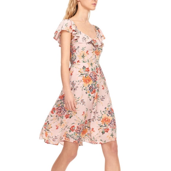 Rebecca Taylor Marlena pink green yellow floral print silk ruffle neckline dress - Picture 1 of 13